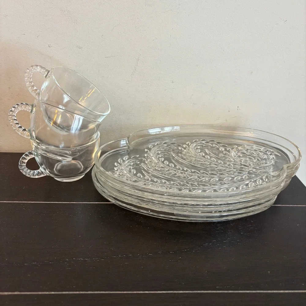 Vintage Federal Glass | Homestead | Snack‎ Set 3 Plates 3 Cups Pressed Glass MCM